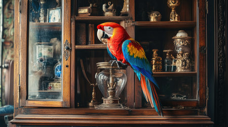 A lively parrot perched among antique treasures in a vintage-styled curio cabinet,の素材