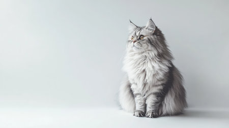 A fluffy Persian cat sitting elegantly on a white background, its luxurious fur highlighted against the clean spaceの素材