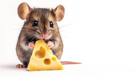 A tiny mouse holding a piece of cheese on a white background, with room for text or branding.の素材