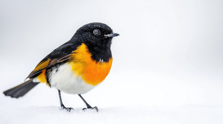 A small bird with bright feathers standing on a white background, with space for text or branding.の素材