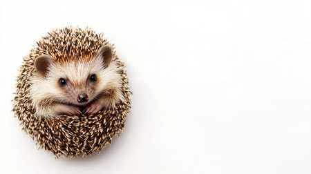A tiny hedgehog curled up in a ball on a white background, with copy space available for text.の素材