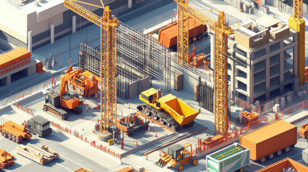 A detailed isometric anime-style construction site, rendered in low poly, with towering cranes, realistic bulldozers,の素材