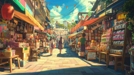A vibrant anime marketplace scene with stalls selling various goods, characters haggling and chatting, and a colorful,の素材