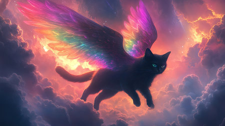 A black cat with radiant rainbow wings walking among billowy clouds, ascending towards a heavenly light.の素材