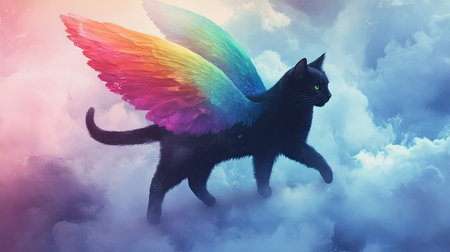 A black cat with rainbow wings walks among fluffy white clouds towards the bright light of heaven.の素材