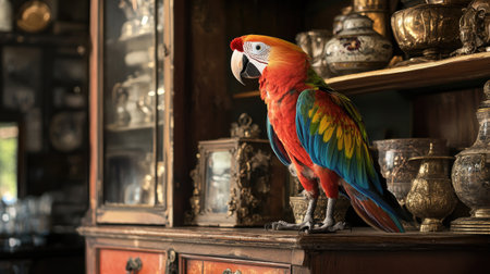 A colorful parrot sits proudly amidst antique treasures and vintage decor, surrounded by the charm of a curio cabinetの素材