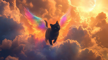 A mystical black cat with rainbow wings strolling through fluffy clouds, heading towards a glowing heavenly light.の素材