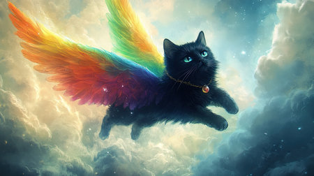 A magical black cat with rainbow wings making its way through fluffy clouds towards the light of heaven. An enchanting image ideaの素材