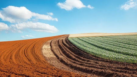 A dramatic landscape juxtaposing arid soil with a healthy, flourishing crop field, conveying the importance of sustainable agricultureの素材