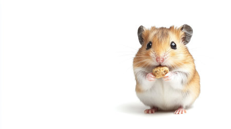 A small, cute hamster holding a tiny treat on a white background, with generous space for copy above or beside it.の素材