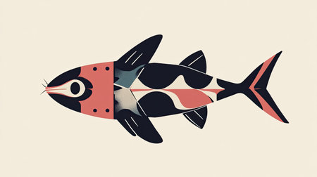 A minimalist, symmetrical illustration of a hybrid cat-animal-shark creature, blending elements of each in a sleek, modern design.の素材