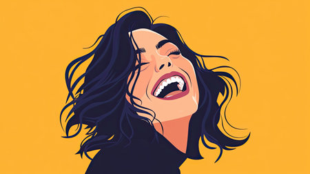 A simple flat vector of a woman laughing out loud, her expression exaggerated for a humorous effect, perfect for a playful designの素材