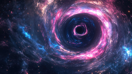 A 3D render of an abstract cosmic background with a swirling galaxy, featuring pink and blue neon lines spiraling around a black hole.の素材