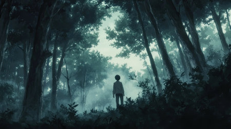 A mysterious anime scene of a character walking through a foggy forest, with shadows and eerie sounds all around.の素材