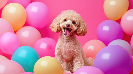 An adorable poodle sits happily among colorful balloons, surrounded by a vibrant pink setting.の素材