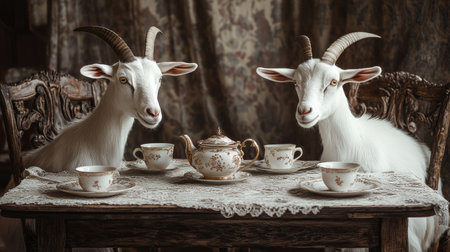 Two white goats are seen enjoying a tea party at a rustic table, with tea pairs and a warm, cozy atmosphere.の素材