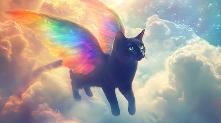 A mystical black cat with rainbow wings strolling through fluffy clouds, heading towards a glowing heavenly light.の素材