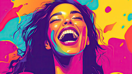 A vibrant flat vector image of a woman laughing out loud, her mouth wide open and her eyes closed in a moment of joy, perfect for a lighthearted design.の素材
