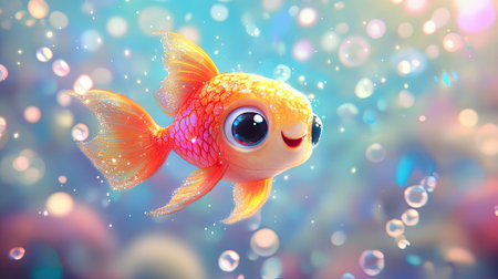 A cute, round cartoon fish with big eyes and colorful scales, swimming through a sea of bubbles in a bright underwater world.の素材