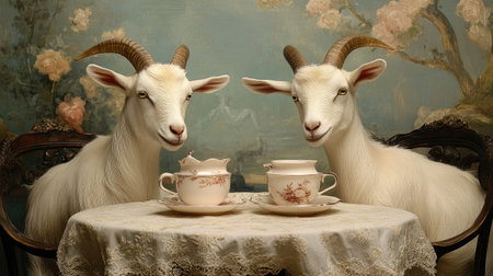 Two white goats sit at a table, enjoying tea from delicate tea pairs in a cozy, staged setting.の素材