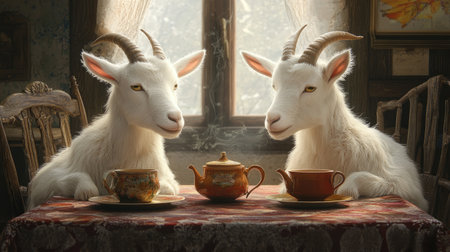Two white goats are seen enjoying a tea party at a rustic table, with tea pairs and a warm, cozy atmosphere.の素材