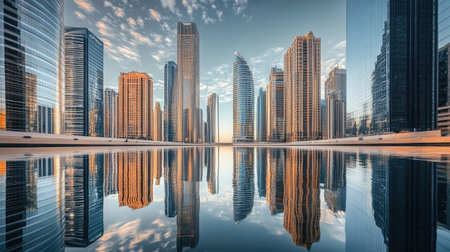 A breathtaking image of towering skyscrapers mirrored in the calm water below, highlighting the sleek, modern architecture against a tranquil backdropの素材
