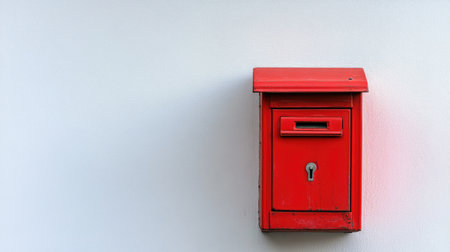 A bright red mailbox, fully closed, standing out against a clean white background, symbolizing traditional mail services.の素材