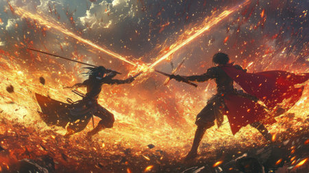 An action-packed anime battle scene with characters clashing swords in a dynamic pose, energy bursts surrounding them, and a fiery background.の素材