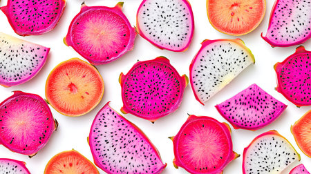 A bright and colorful dragon fruit slice pattern on a white background, creating a bold and eye-catching visual perfectの素材