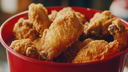 A close-up of crispy fried chicken pieces in a large red bucket, highlighting the golden texture and juicy appeal.の素材