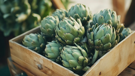 A close-up of a box full of artichokes, emphasizing their texture and color, perfect for a rustic, farm-to-table themeの素材