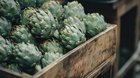 A close-up of a box full of artichokes, emphasizing their texture and color, perfect for a rustic, farm-to-table themeの素材