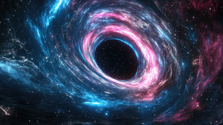 A 3D render of an abstract cosmic background with a swirling galaxy, featuring pink and blue neon lines spiraling around a black hole.の素材