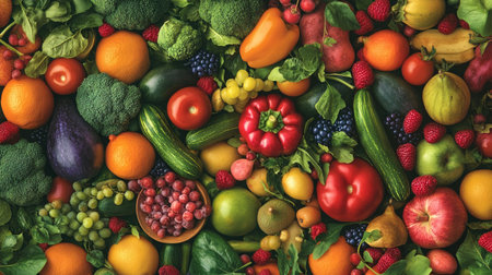 A detailed background image of assorted fruits, vegetables, and berries, symbolizing the richness of natural, fresh produce.の素材