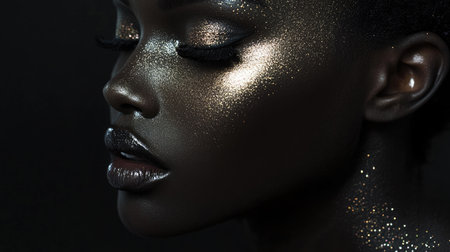 A close-up of an African woman with avant-garde black makeup and shimmering skin, creating a powerful and modern beauty imageの素材