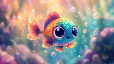 A cute, round cartoon fish with big eyes and colorful scales, swimming through a sea of bubbles in a bright underwater world.の素材