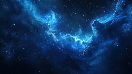 A deep blue galaxy with sparkling stars and swirling cosmic clouds, creating a breathtaking, otherworldly background for design projectsの素材
