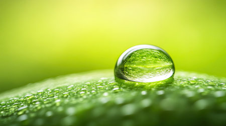 A close-up of a water droplet resting on a green surface, highlighting the freshness and clarity of the natural world.の素材