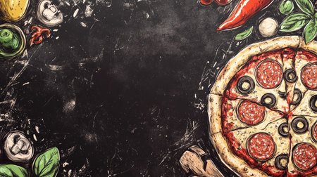 A detailed, hand-sketched top view of Italian pizza and ingredients, forming a stylish frame for restaurant menus.の素材