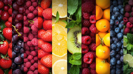 A dynamic collage of fresh fruits and berries, highlighting their vibrant colors and health benefitsの素材