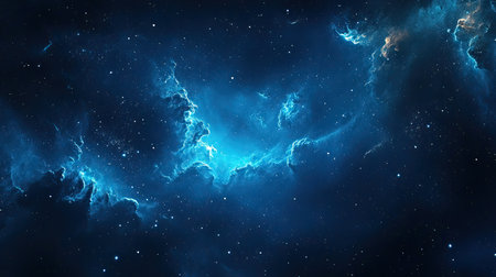 A deep blue galaxy with sparkling stars and swirling cosmic clouds, creating a breathtaking, otherworldly background for design projectsの素材
