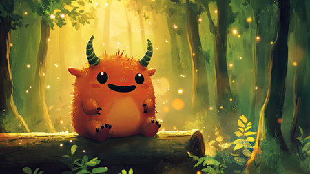 A cute, round cartoon monster with little horns and a big smile, sitting on a log in a magical forest.の素材