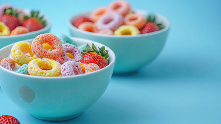 Bowls filled with colorful cereal rings, topped with fresh strawberries and milk, set against a blue background, offering a fun and healthy breakfast visual.の素材