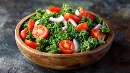 A delicious kale salad with tomatoes and onions, beautifully presented in a wooden bowl on a dark tabletop, capturing the essence of healthy eating.の素材