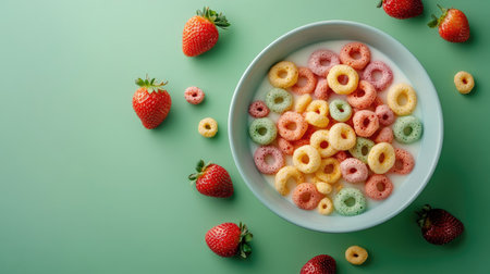 A bowl filled with multicolored cereal rings, milk, and strawberries, placed on a green background, offering a bright and lively breakfast visualの素材