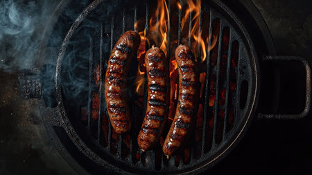 A sizzling Sucuk beef sausage on a hot grill, viewed from above, against a dark background, offering a mouthwatering visual of this traditional dish.の素材