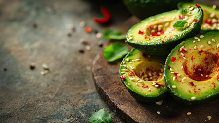 A close-up of a freshly prepared avocado salad, topped with chili flakes and sesame seeds, served in a rustic setting, ideal for health and wellness themes.の素材