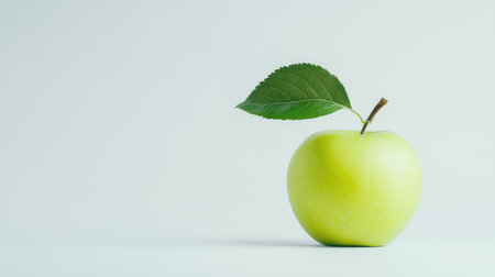 A bright green apple with a single leaf on a clean white background, symbolizing freshness and health. Ideal for nutrition, diet, or nature-related conceptsの素材