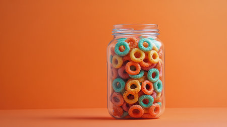 A clear jar filled with colorful cereal rings, set on an orange background, creating a warm and inviting visual perfect for breakfast-themed designs.の素材