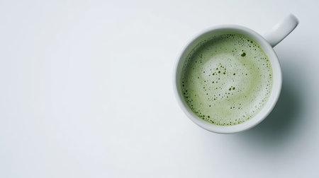 Aerial shot of a matcha green tea cup with a smooth, frothy surface, set on a clean white background, showcasing the vibrant green color and inviting presentation.の素材